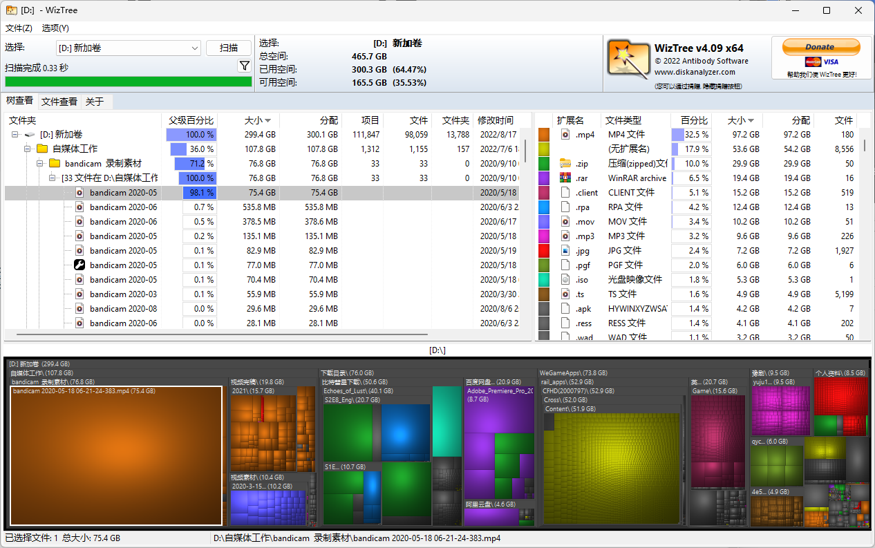 WizTree 绿色便携版v4.09 ，最快的电脑磁盘空间分析器